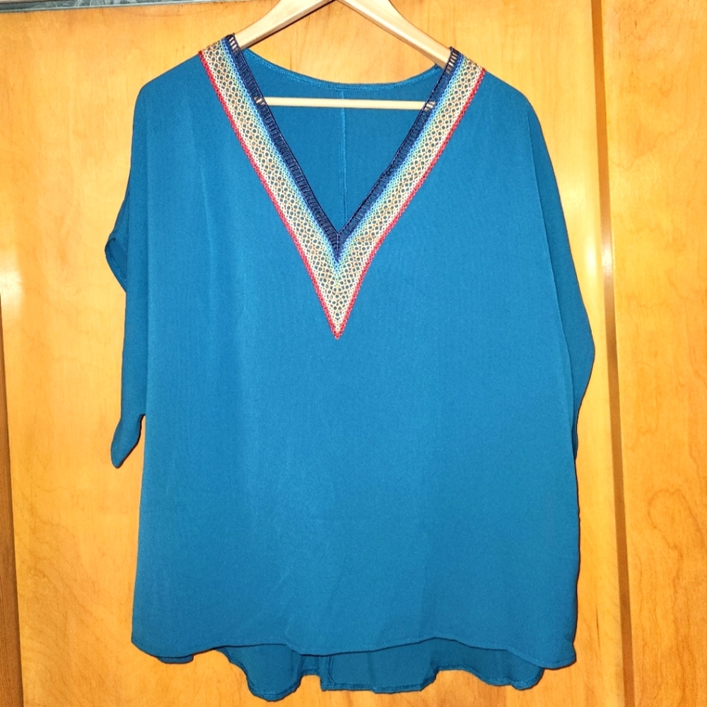 Teal Embroidered V- Neck, Dolman Sleeve